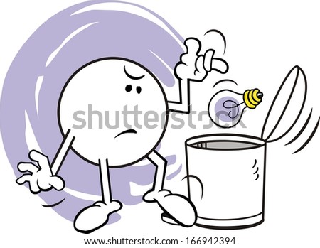 Moodie Character Angrily Tossing Light Bulb into Trash Can