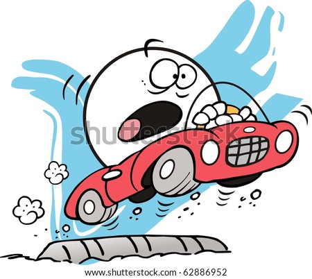 Moodie character screaming in fear as he propels himself over a speed bump in a red car