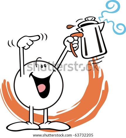 Moodie character,  smiling broadly, raising a staming coffee pot over his head with one hand and pointing to it with the other