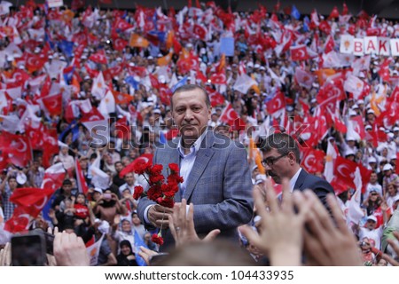 ISTANBUL,TURKEY-MAY 27,2012:The ruling AK Party\' s fourth ordinary congress was held on May 27,2012 in Istanbul,Turkey.AK Party Leader and Prime Minister Recep Tayyip Erdogan greets party members.
