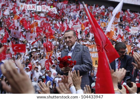 ISTANBUL,TURKEY-MAY 27,2012:The ruling AK Party\' s fourth ordinary congress was held on May 27,2012 in Istanbul,Turkey.AK Party Leader and Prime Minister Recep Tayyip Erdogan greets party members.