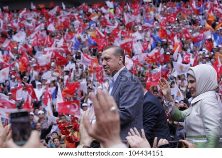 ISTANBUL,TURKEY-MAY 27,2012:The ruling AK Party\'s fourth ordinary congress was held on May 27,2012 in Istanbul,Turkey.Prime Minister Recep Tayyip Erdogan and his wife Emine Erdogan greet party members