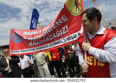 ISTANBUL,MAY 23:Unidentified public workers go on a 24-hour strike to protest the government on May 23,2012,in Istanbul,Turkey. They failed to reach an agreement on wage increases for two years.