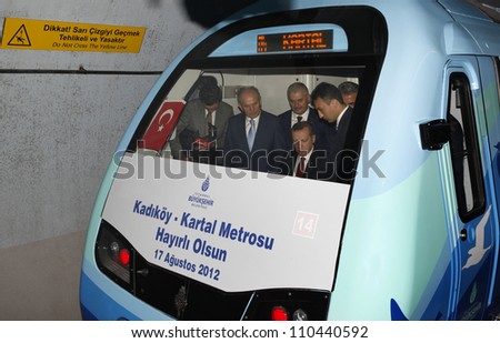ISTANBUL,TURKEY-AUGUST 17:The first metro line was opened  on Istanbuls Asian side. PM Recep Tayyip Erdogan and mayor Kadir Topbas drove the first train on August 17,2012 in Istanbul,Turkey