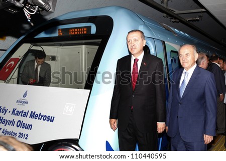 ISTANBUL,TURKEY-AUGUST 17:The first metro line was opened  on Istanbuls Asian side. PM Recep Tayyip Erdogan and mayor Kadir Topbas drove the first train on August 17,2012 in Istanbul,Turkey