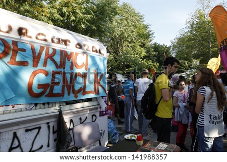 ISTANBUL,TURKEY-JUNE 8: Hundreds of people stay in Gezi Park  to avoid police intervention on June 08,2013 in Istanbul.