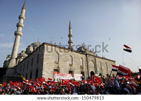 ISTANBUL, TURKEY- AUGUST 17: Thousands of people gathered to protest the recent deadly military crackdown in Egypt, on August 17, 2013 in Istanbul,Turkey.