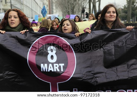 ISTANBUL,TURKEY-MARCH 8: Unidentified women celebrate international women's day on March 8,2012,in Istanbul,Turkey