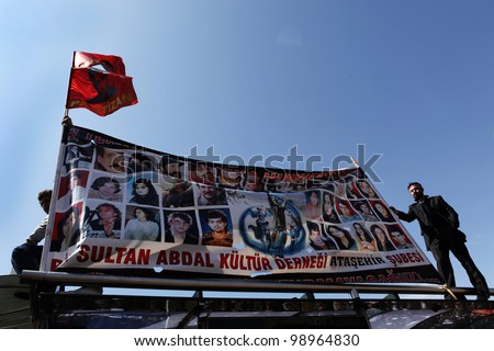 ISTANBUL,TURKEY-MARCH 31:Unidentified people protest the decision of the statute of limitations in the case of the Sivas Massacre on March 31, 2012, in Istanbul,Turkey.