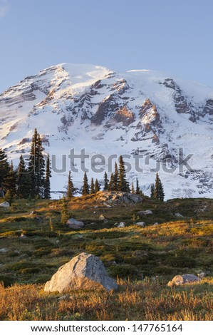 Mount Rainier as seen from the upper Paradise area in warm early evening light; Autumn; Mount Rainier National Park, Washington State