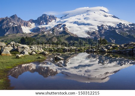 Mount Baker reflected in a tarn; early morning; summer; Mount Baker National Recreation Area, Washington State