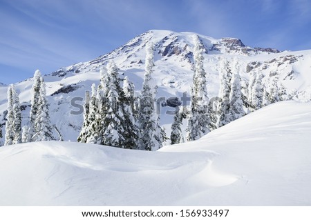 Mount Rainier as seen from the Paradise area after a recent winter snowfall; Mount Rainier National Park, Washington State