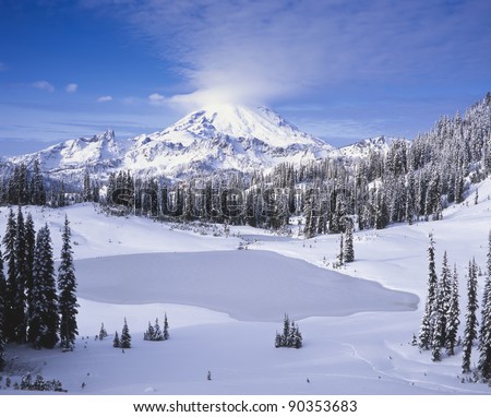 Mount Rainier and Tipsoo Lake in winter; Mount Rainier National Park; Washington State, USA