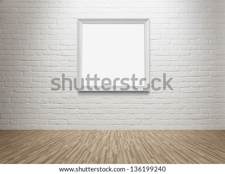 Empty room with blank picture frame at the brick wall with copy space and clipping path