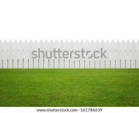 Front Or Back Yard, White Wooden Fence On The Grass Isolated On White Background With Copy Space