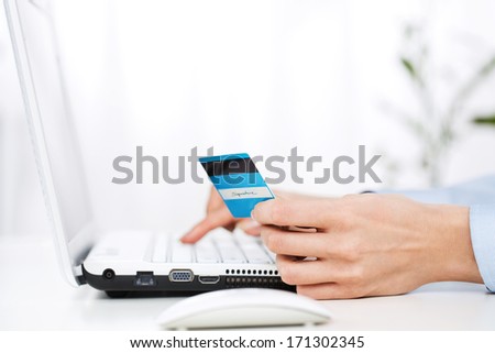 On Line Shopping, Close Up Of Young Woman Using Credit Card