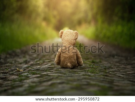Lonely teddy bear on the road