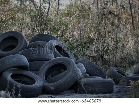 Old used tires dumped in the meadow
