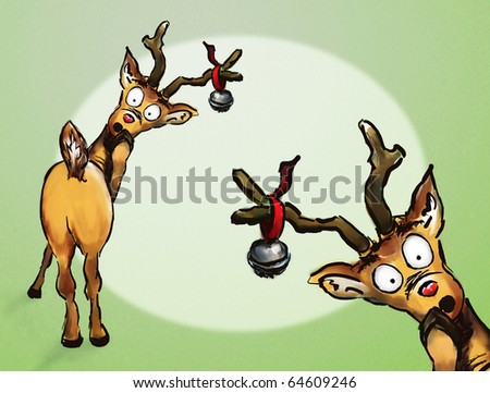 Oh no! Two hand drawn Christmas reindeer spotlight green background