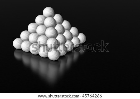 Detailed render of 55 golf balls set as a pyramid, mirroring on a brushed metal surface. All differently rotated for a random appeal. Lighting and materials produce a \'vector-like\' in its appearance.