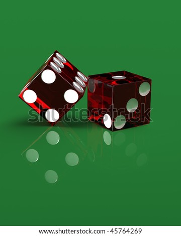 Render of two right handed red transparent casino dice on a green, reflective surface. Layout is accurate and razor border of these acrylic dice is also casino style with reflection and refraction.