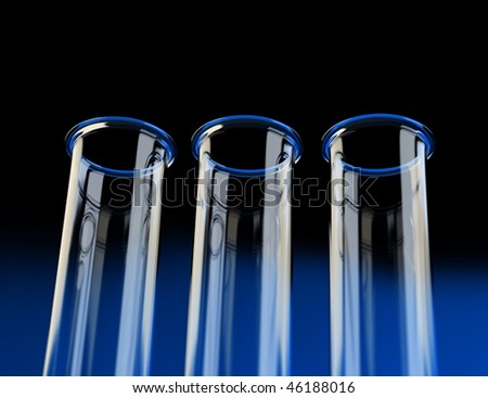 Hi-res render of three empty test tubes over a dark blue-to-black gradient. View from below with shallow depth of field. Very elegant composition.