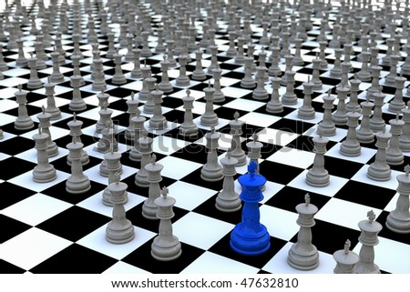Concept for being exceptional. The King of kings. Blue chess king amongst hundreds of gray kings on checkered surface. Shallow depth of field, random positioned gray kings, reflections, soft shadows.