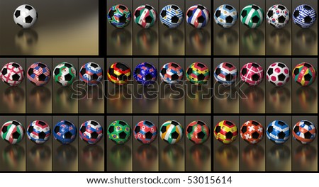 Flags of all 32 participating nations on the hexagons of a soccer ball. Just replace the neutral ball on the background with the desired country. Position as work path included. A great value pack.