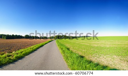 Farming landscape with clear blue sky. Panoramic picture with country road and fields in Germany.