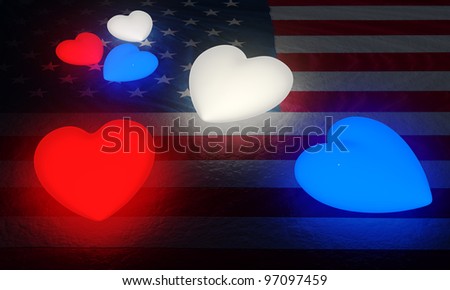 A large and a small set of red, white, and blue glowing hearts on a structured American flag.Great for 4th of July celebration.
