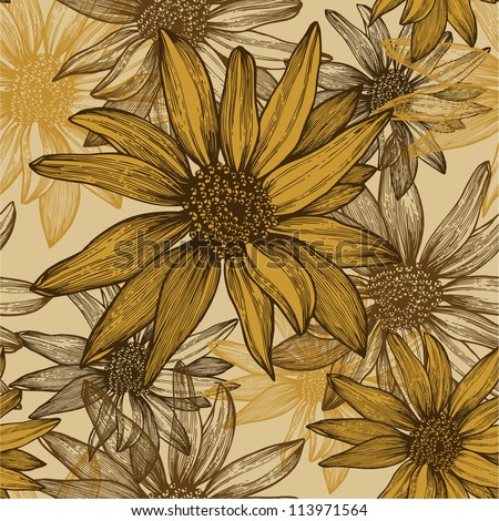 Seamless wallpaper with flowers, sunflower seeds, hand-drawing. Vector illustration.