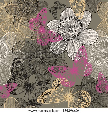 Seamless pattern with flowers narcissus and pink butterflies hand drawing Vector illustration Seamless pattern with flowers narcissus and pink butterflies hand drawing Vector illustration