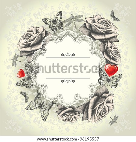 stock vector Glamorous lace frame with blooming roses flying butterflies