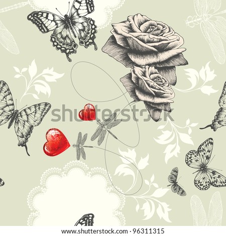 stock vector Seamless wallpaper with roses butterflies and red hearts 