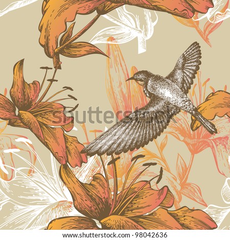 Seamless pattern with lilies and a flying bird, hand-drawing. Vector.