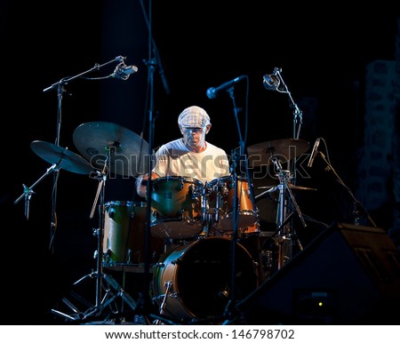GRANADA, SPAIN - JULY 20: Pharoah Sanders Quartet, Gene Calderazzo (drums), at the XXVI  Jazz Festival on July 20, 2013 in Almunecar, Spain