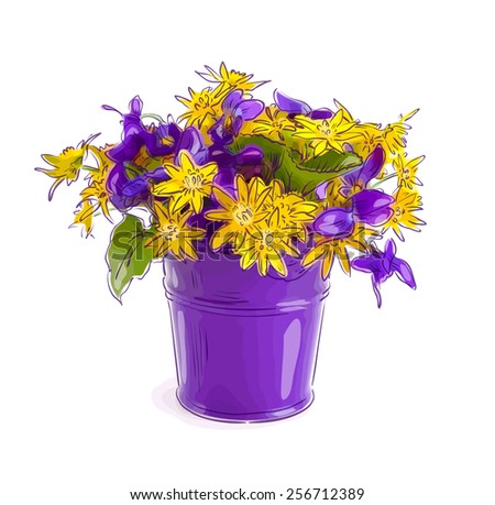 Small bouquet with meadow flowers in a bucket. Vector illustration.