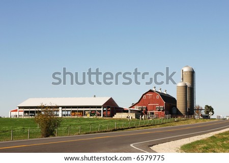 agriculture, combine, corn, cows, farm, farmland, field, grain, house, silo, tractor