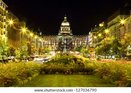 National Museum on Wenceslas Square at night in Prague. Czech Republic