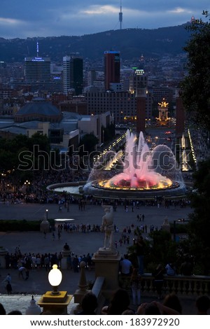 BARCELONA, SPAIN - JUNE 15, 2008: Magic fountain on Plaza de Espana.  This place is a tourist attraction in the city.