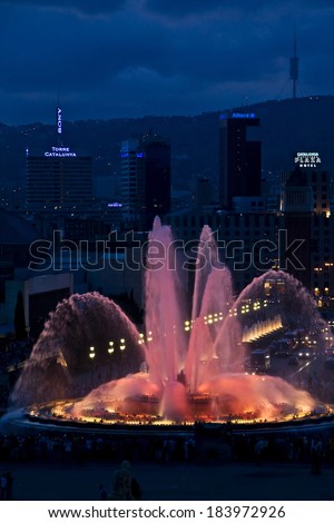 BARCELONA, SPAIN - JUNE 15, 2008: Magic fountain on Plaza de Espana.  This place is a tourist attraction in the city.