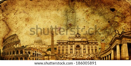 ROME. Coliseum, Basilica Sant Pietro; Fontana di Trevi. Retro style.