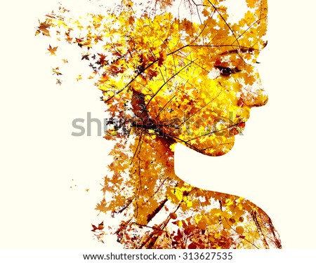 Double exposure portrait of young woman and autumn falling leaves.
