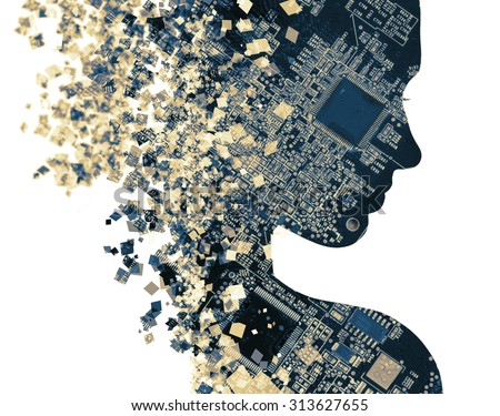 Double exposure portrait of young woman and computer board.
