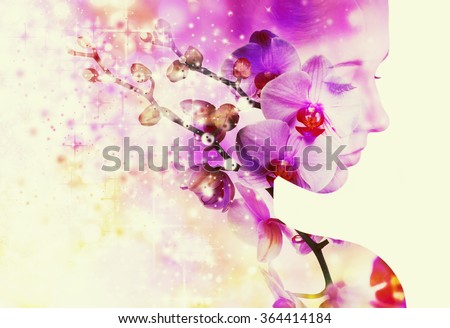 Double exposure portrait of young woman with orchid.
