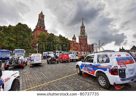 MOSCOW - JULY 09: Parking lot before the start of the SILK WAY Rally on the Red Square on JULY 09, 2011 in Moscow. Start Rally Moscow-Sochi.