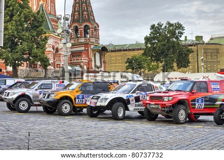 MOSCOW - JULY 09: Parking lot before the start of the SILK WAY Rally on the Red Square on JULY 09, 2011 in Moscow. Start Rally Moscow-Sochi.
