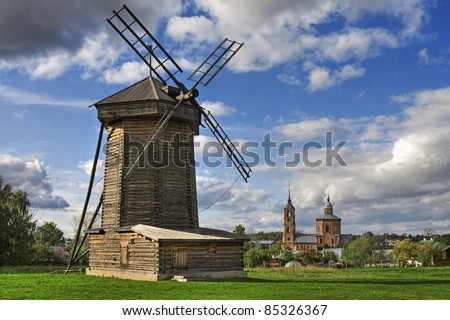 Old wooden windmill in Suzdal town, Russia. Golden Ring of Russia.