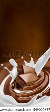 Chocolate melted in cream with milk on background with splash. Ready for package design. Vertical motive. Tasty.