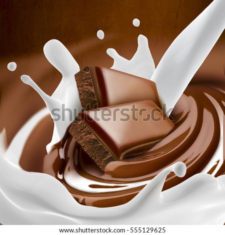 Chocolate melted in cream on background. Ready for package design.Milk splash.Tasty.